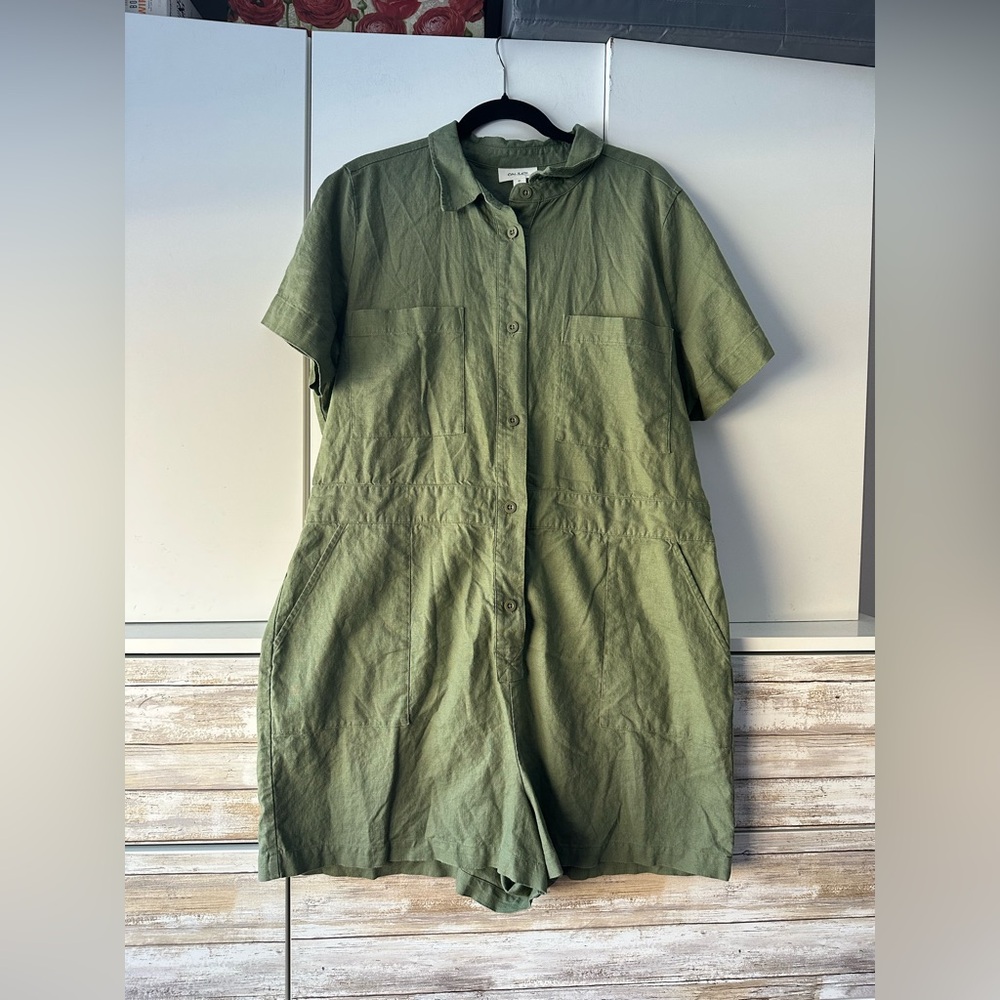 💚 ON 34th XL Linen Blend Olive Utility Romper Button Front Pockets